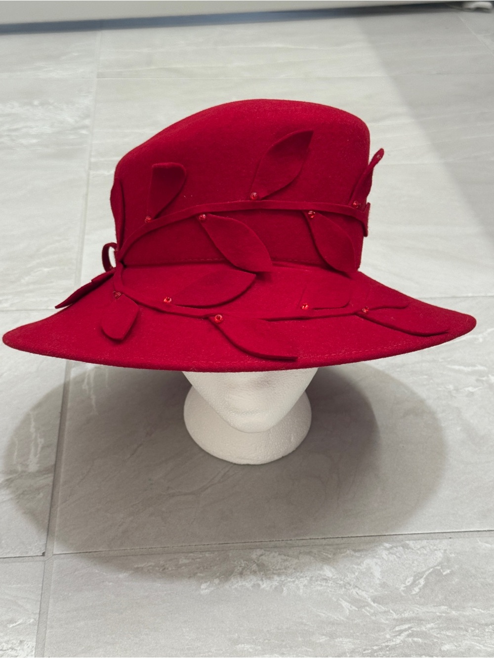 betmar Red Wool Leaf-Trim A-Symmetrical Women's Hat